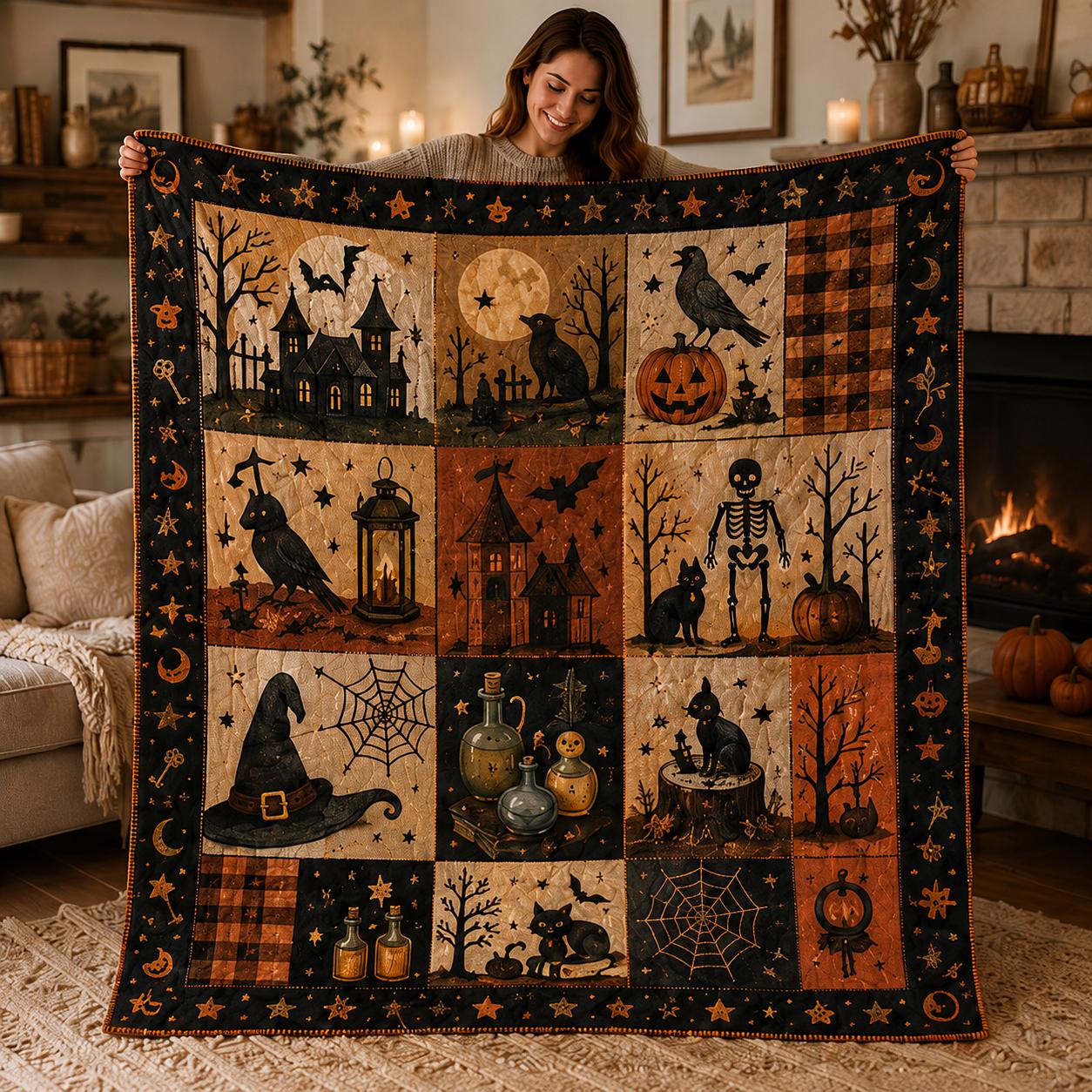Vintage Halloween Quilted Style Blanket – Ghost Pumpkin Black Cat Patchwork Throw for Cozy Autumn Bedding and Spooky Season Farmhouse Decor - photo 2