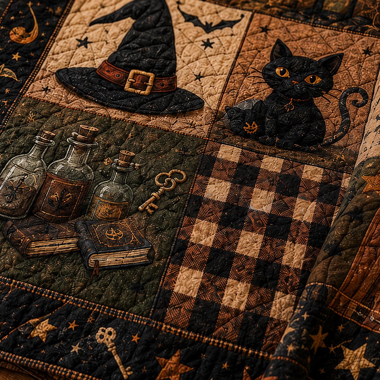 Vintage Halloween Quilted Style Blanket – Ghost Pumpkin Black Cat Patchwork Throw for Cozy Autumn Bedding and Spooky Season Farmhouse Decor - photo 3