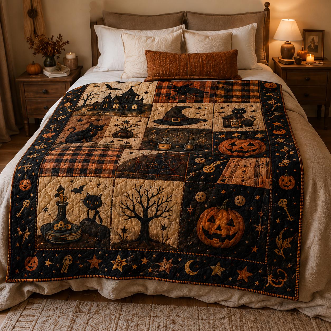 Vintage Halloween Quilted Style Blanket – Ghost Pumpkin Black Cat Patchwork Throw for Cozy Autumn Bedding and Spooky Season Farmhouse Decor - photo 4