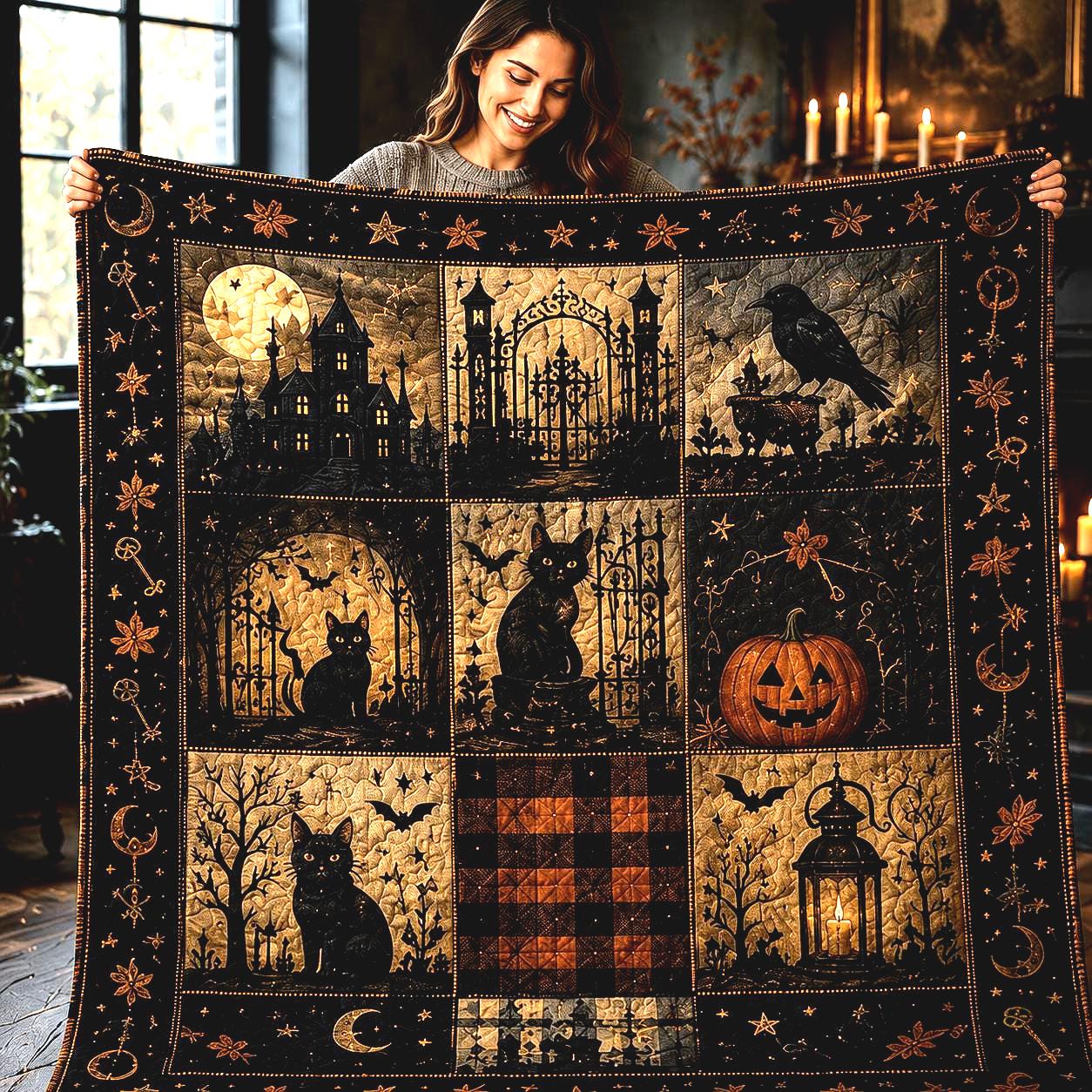 Halloween Throw Blanket – Black Cat Ghost Pumpkin Patchwork Quilted Style for Rustic Autumn Farmhouse Bedding Cozy Spooky Season Gift