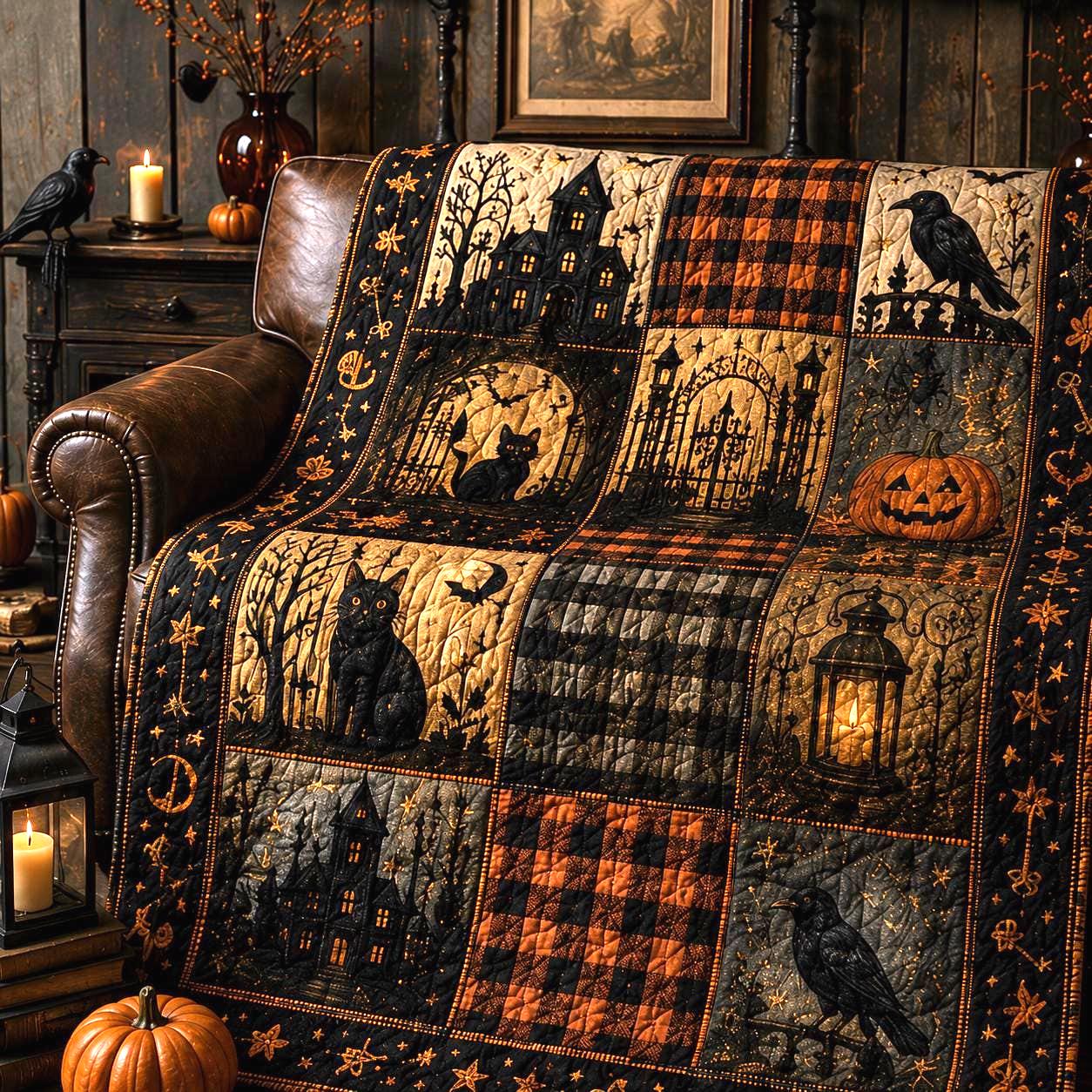 Halloween Throw Blanket – Black Cat Ghost Pumpkin Patchwork Quilted Style for Rustic Autumn Farmhouse Bedding Cozy Spooky Season Gift - photo 2