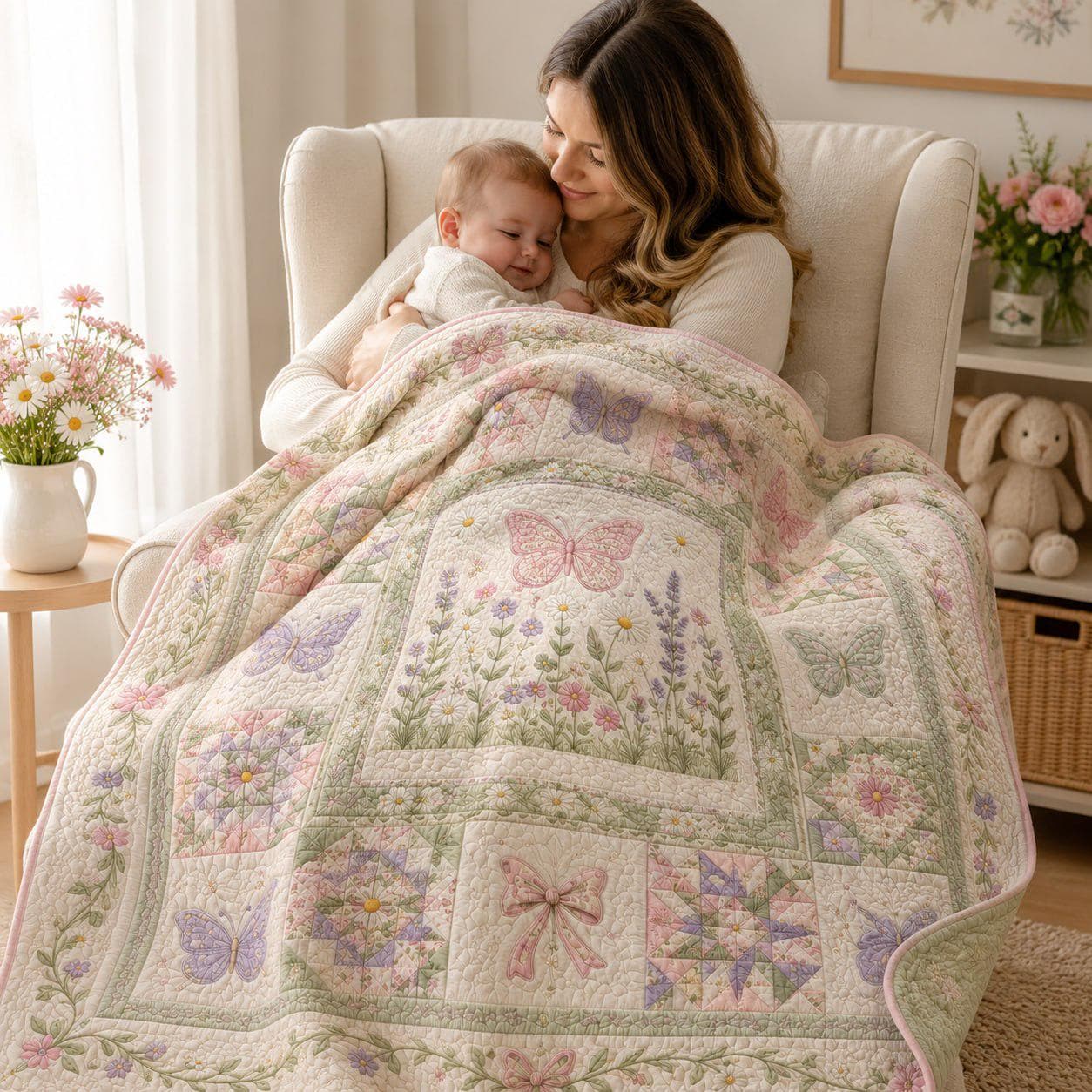 Butterfly Floral Quilt Blanket – Pastel Cottagecore Bedspread and Girls Butterfly Garden Throw Blanket Cozy Nursery Room Decor Gift