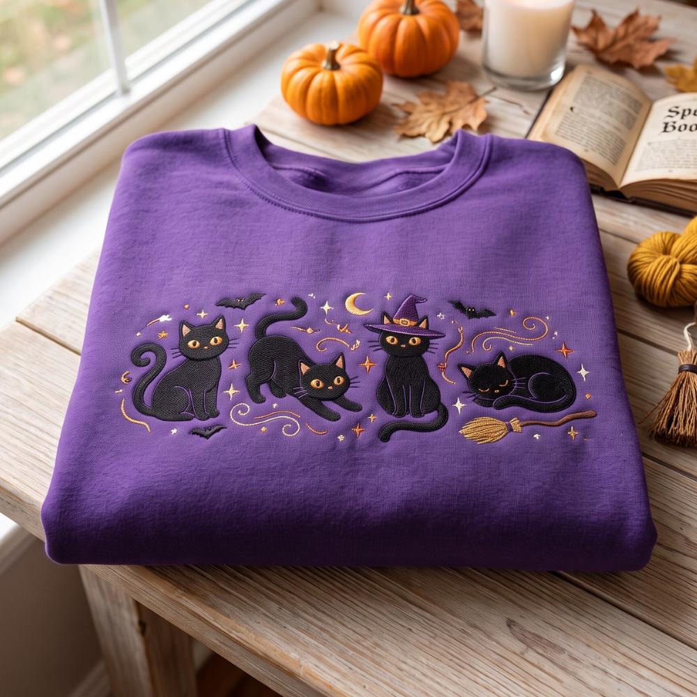 Embroidered Halloween Sweatshirt Crewneck – Witch Cat, Black Cats Tee and Witchy Gifts for Spooky Season Shirt