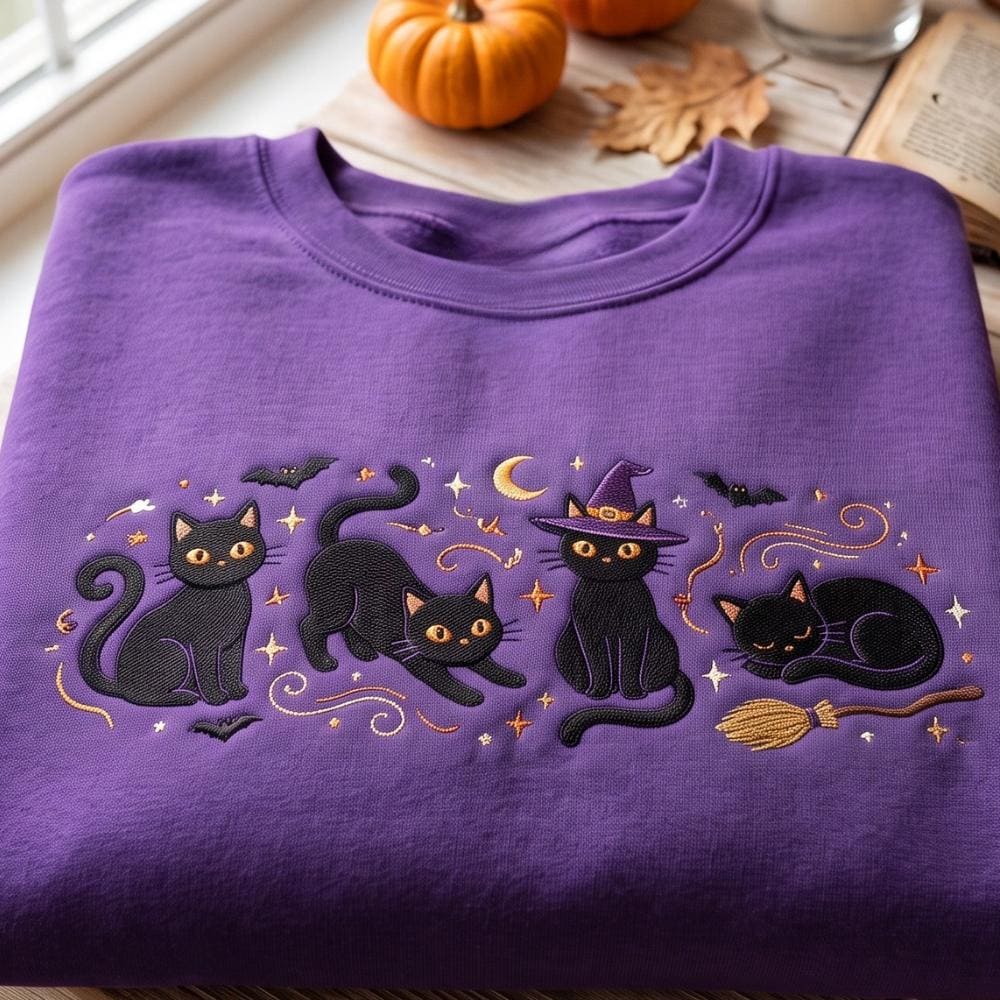 Embroidered Halloween Sweatshirt Crewneck – Witch Cat, Black Cats Tee and Witchy Gifts for Spooky Season Shirt - photo 2