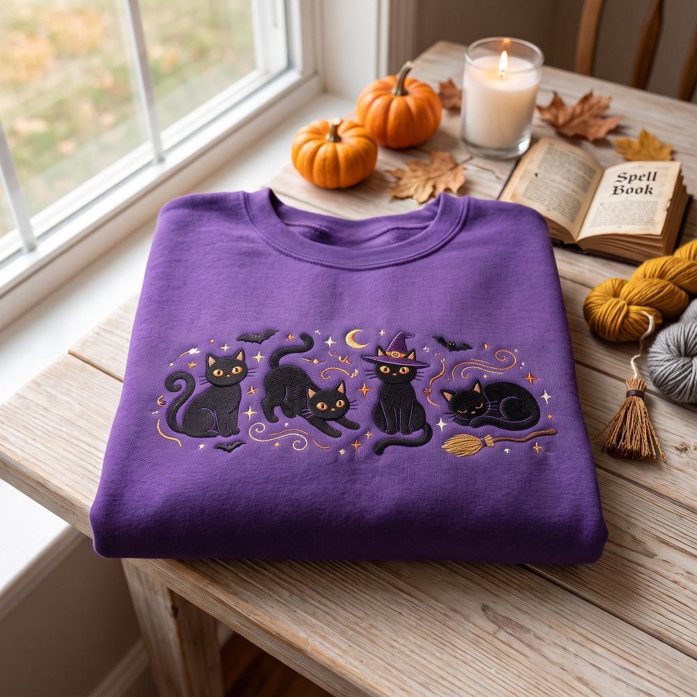 Embroidered Halloween Sweatshirt Crewneck – Witch Cat, Black Cats Tee and Witchy Gifts for Spooky Season Shirt - photo 3