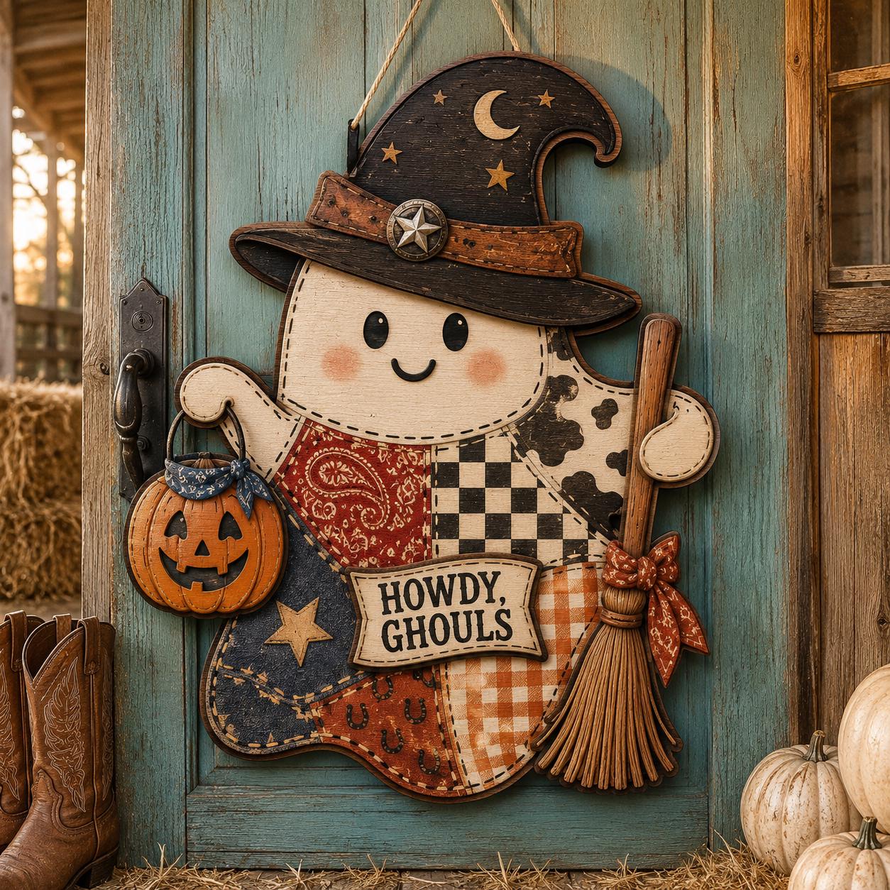 Personalized Western Halloween Door Hanger and Porch Sign with Howdy Ghouls, Patchwork, Wood, Cowboy, Witch, Fall Decor, Ghost