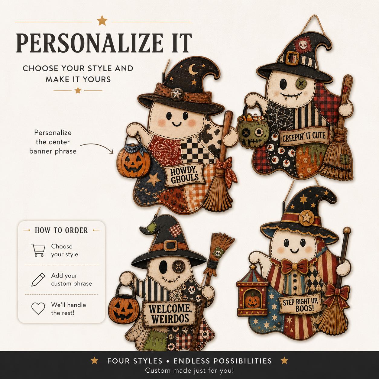 Personalized Western Halloween Door Hanger and Porch Sign with Howdy Ghouls, Patchwork, Wood, Cowboy, Witch, Fall Decor, Ghost - photo 7