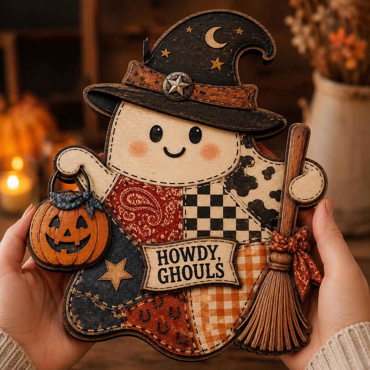 Personalized Western Halloween Door Hanger and Porch Sign with Howdy Ghouls, Patchwork, Wood, Cowboy, Witch, Fall Decor, Ghost - photo 8