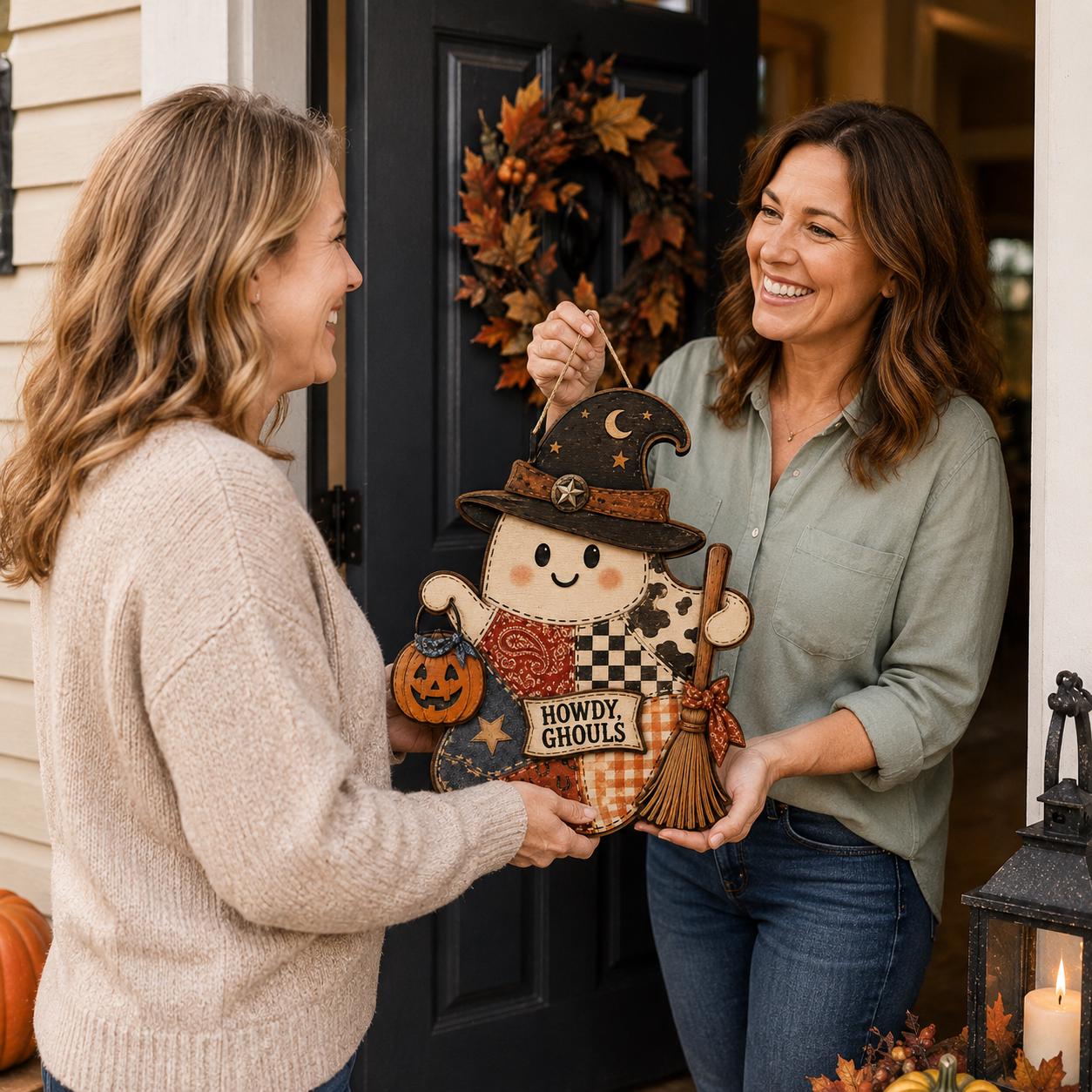 Personalized Western Halloween Door Hanger and Porch Sign with Howdy Ghouls, Patchwork, Wood, Cowboy, Witch, Fall Decor, Ghost - photo 9