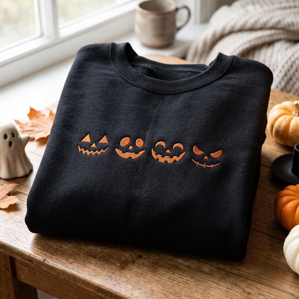 Embroidered Jack O Lantern Sweatshirt with Pumpkin Face Halloween Shirts Design for Cozy Fall Tee Spooky Season