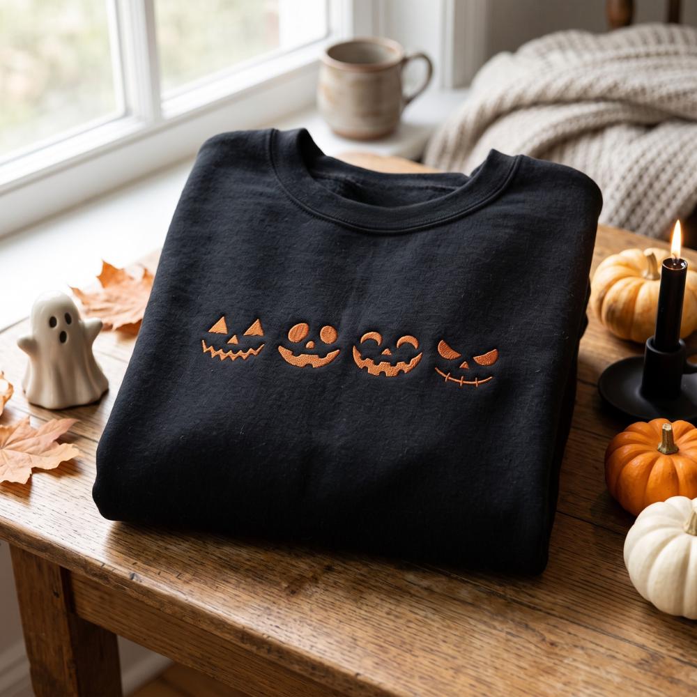 Embroidered Jack O Lantern Sweatshirt with Pumpkin Face Halloween Shirts Design for Cozy Fall Tee Spooky Season - photo 2