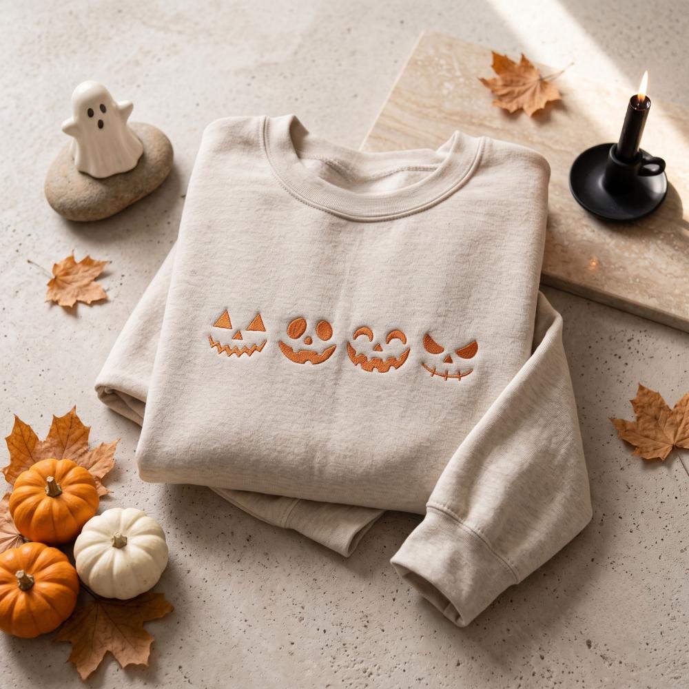 Embroidered Jack O Lantern Sweatshirt with Pumpkin Face Halloween Shirts Design for Cozy Fall Tee Spooky Season - photo 3