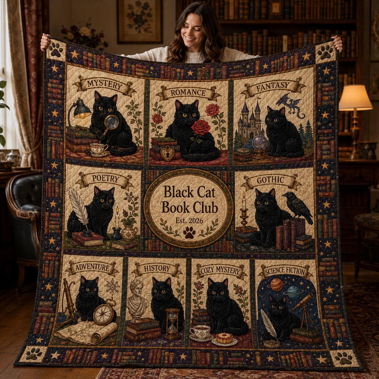 Black Cat Book Club Quilt Blanket – Reading Genre Patchwork Throw and Personalized Book Lover Gift Literary Cat Bedding