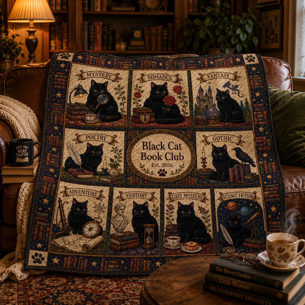 Black Cat Book Club Quilt Blanket – Reading Genre Patchwork Throw and Personalized Book Lover Gift Literary Cat Bedding - photo 2