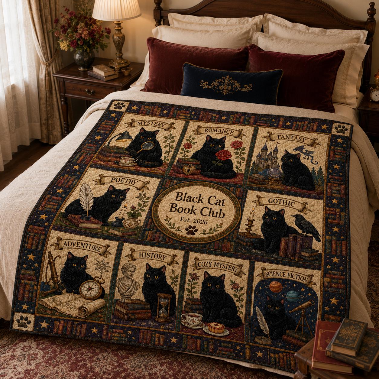 Black Cat Book Club Quilt Blanket – Reading Genre Patchwork Throw and Personalized Book Lover Gift Literary Cat Bedding - photo 3
