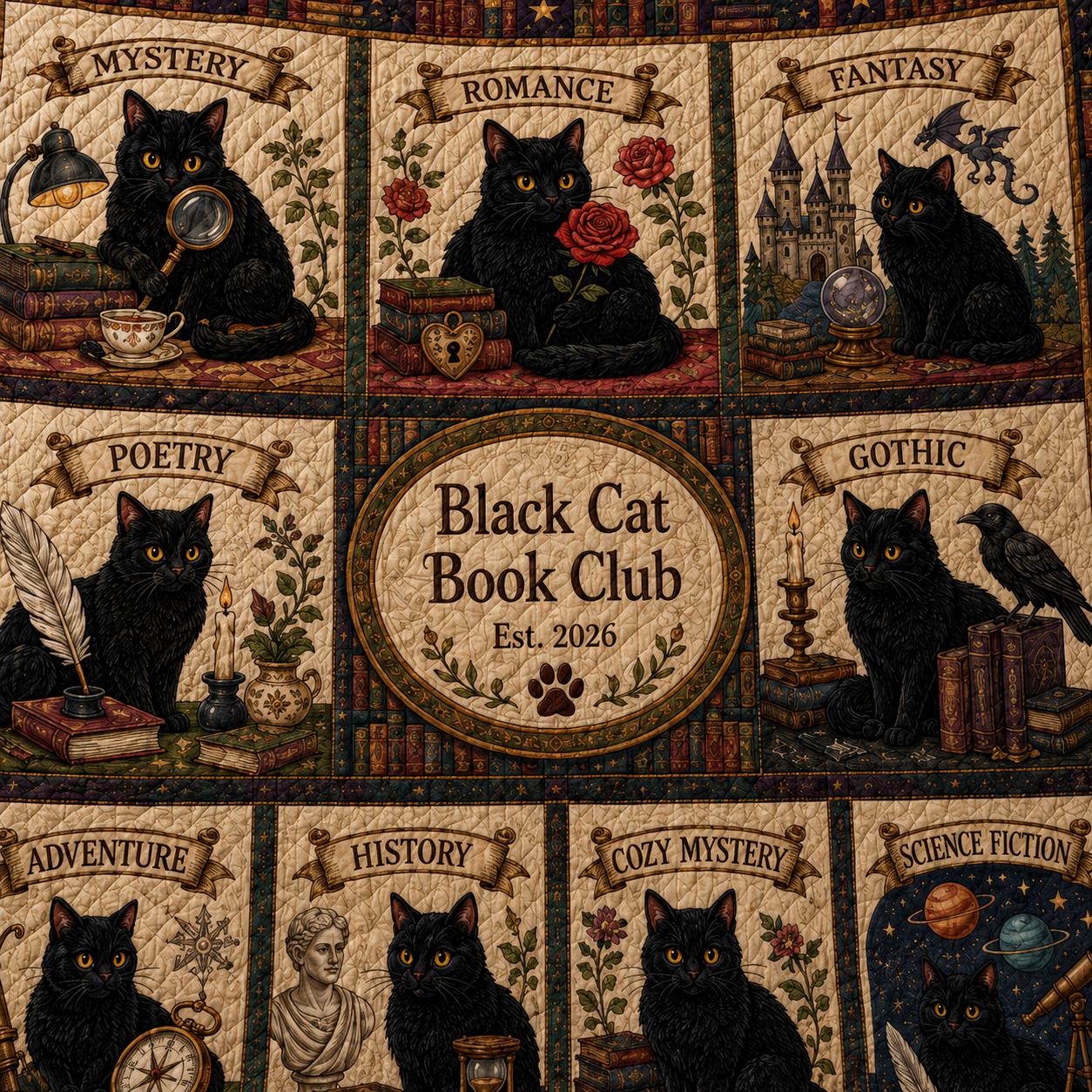 Black Cat Book Club Quilt Blanket – Reading Genre Patchwork Throw and Personalized Book Lover Gift Literary Cat Bedding - photo 5