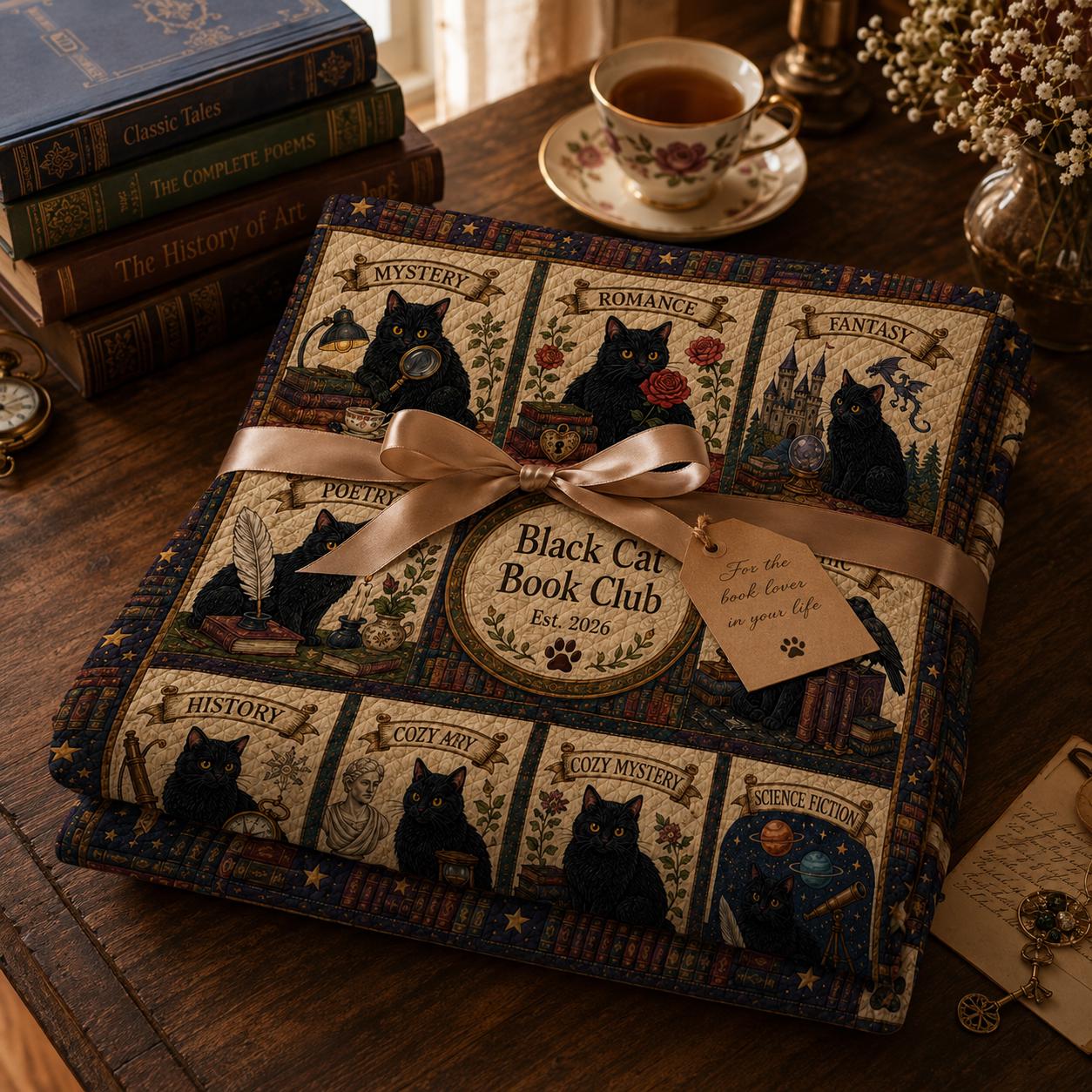 Black Cat Book Club Quilt Blanket – Reading Genre Patchwork Throw and Personalized Book Lover Gift Literary Cat Bedding - photo 6