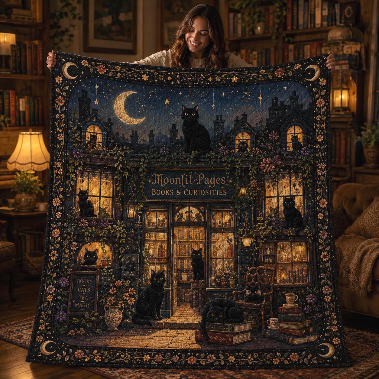 Moonlit Bookshop Black Cat Quilt Blanket – Magical Book Lover Throw and Enchanted Library Bedding Celestial Reading Decor
