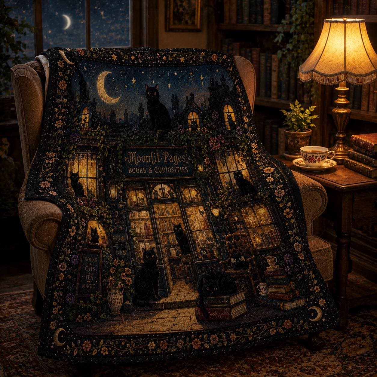 Moonlit Bookshop Black Cat Quilt Blanket – Magical Book Lover Throw and Enchanted Library Bedding Celestial Reading Decor - photo 2