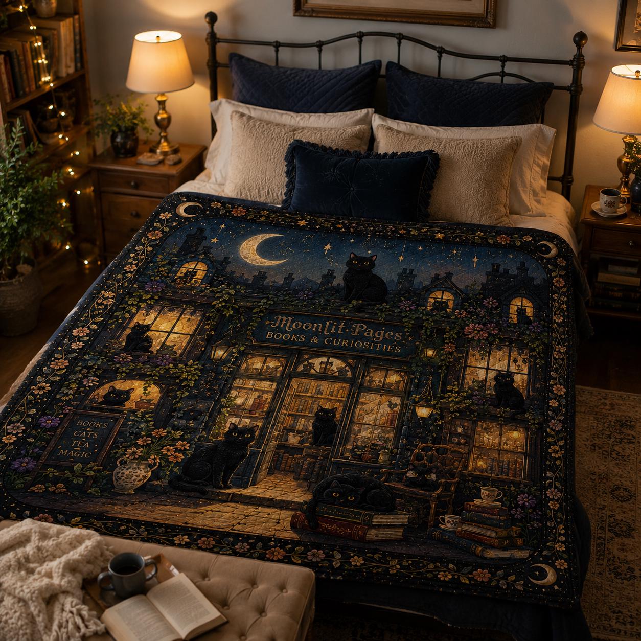 Moonlit Bookshop Black Cat Quilt Blanket – Magical Book Lover Throw and Enchanted Library Bedding Celestial Reading Decor - photo 3
