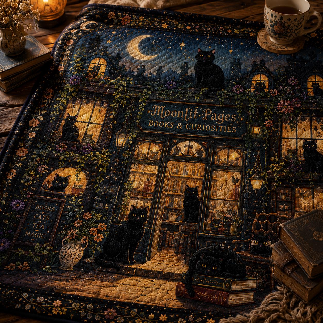 Moonlit Bookshop Black Cat Quilt Blanket – Magical Book Lover Throw and Enchanted Library Bedding Celestial Reading Decor - photo 5