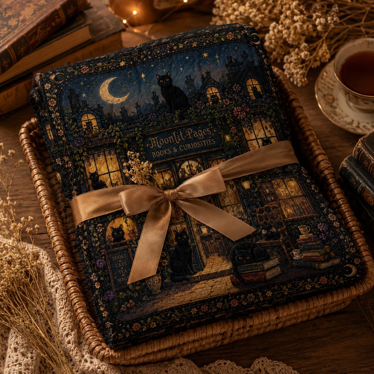 Moonlit Bookshop Black Cat Quilt Blanket – Magical Book Lover Throw and Enchanted Library Bedding Celestial Reading Decor - photo 6