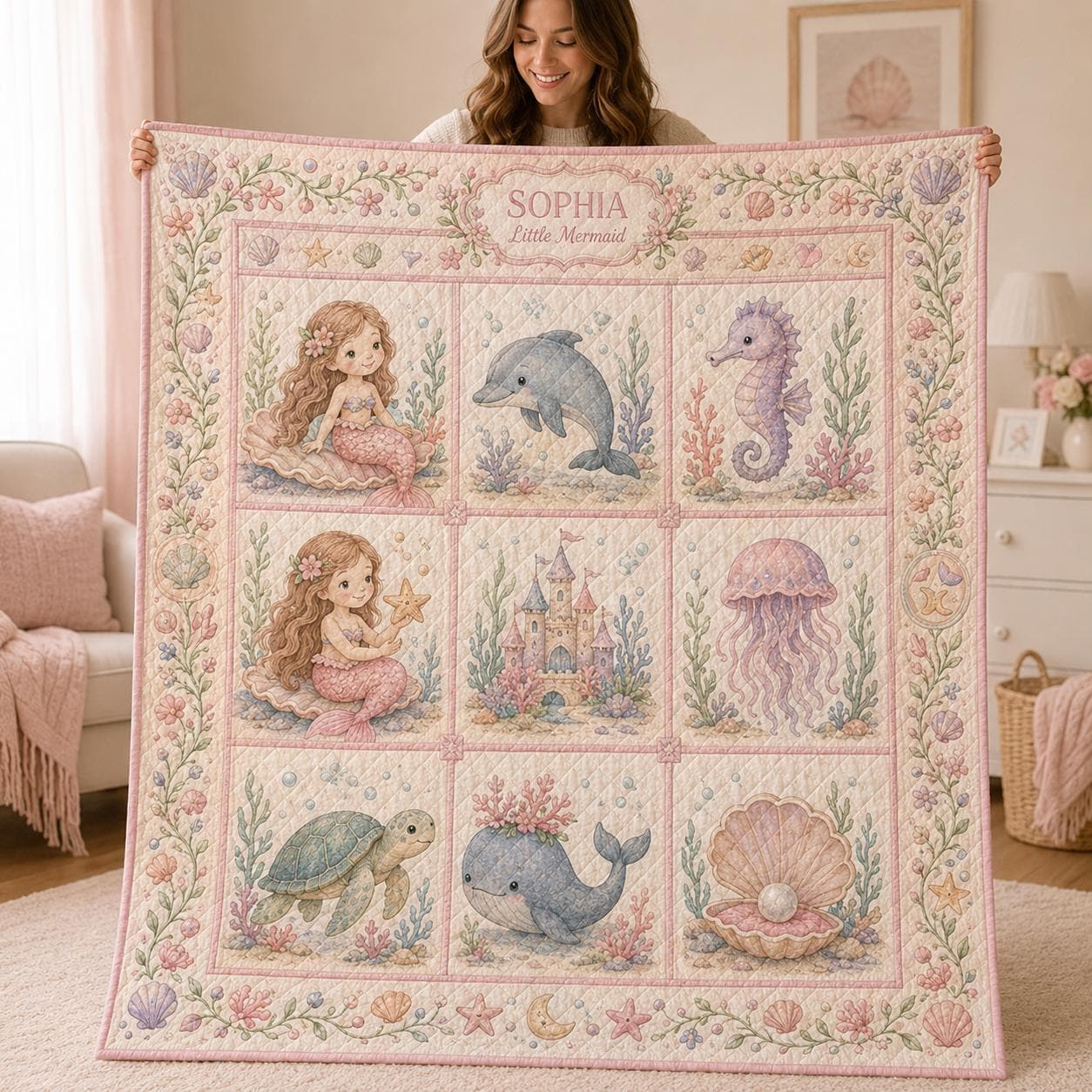 Personalized Mermaid Baby Quilt Blanket – Pink Under the Sea Nursery Bedding and Little Mermaid Girl Gift