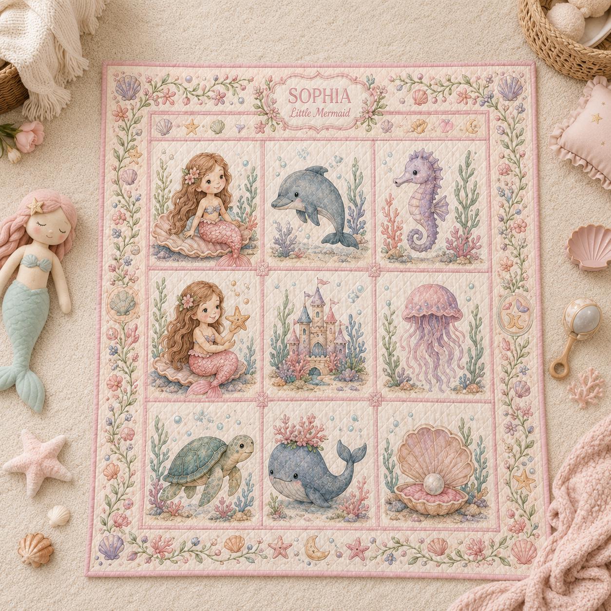 Personalized Mermaid Baby Quilt Blanket – Pink Under the Sea Nursery Bedding and Little Mermaid Girl Gift - photo 2