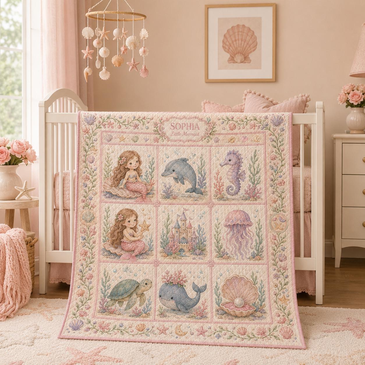 Personalized Mermaid Baby Quilt Blanket – Pink Under the Sea Nursery Bedding and Little Mermaid Girl Gift - photo 3