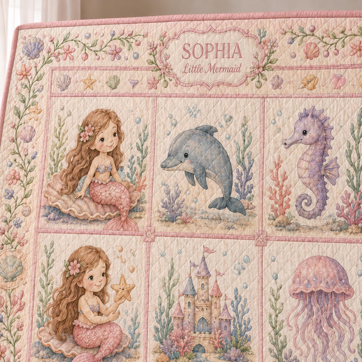 Personalized Mermaid Baby Quilt Blanket – Pink Under the Sea Nursery Bedding and Little Mermaid Girl Gift - photo 5