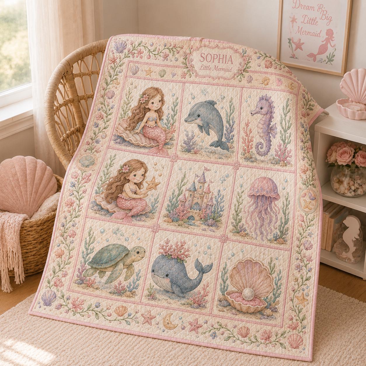 Personalized Mermaid Baby Quilt Blanket – Pink Under the Sea Nursery Bedding and Little Mermaid Girl Gift - photo 6