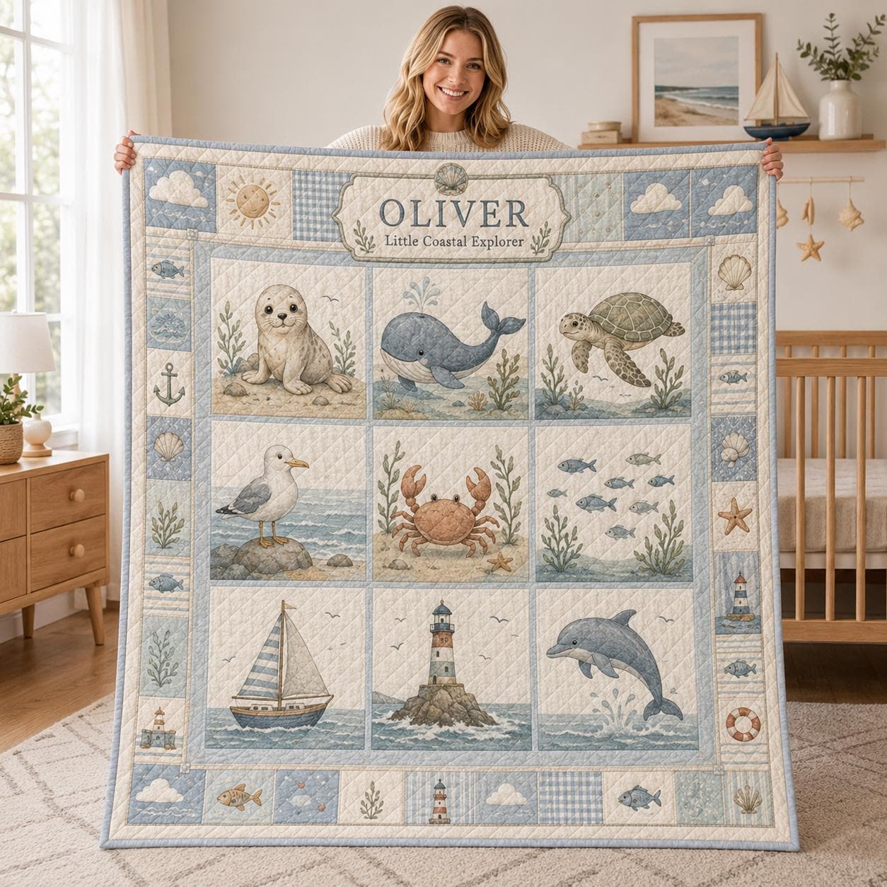 Personalized Coastal Animal Baby Quilt – Nautical Nursery Blanket and Whale Seal Turtle Baby Shower Gift