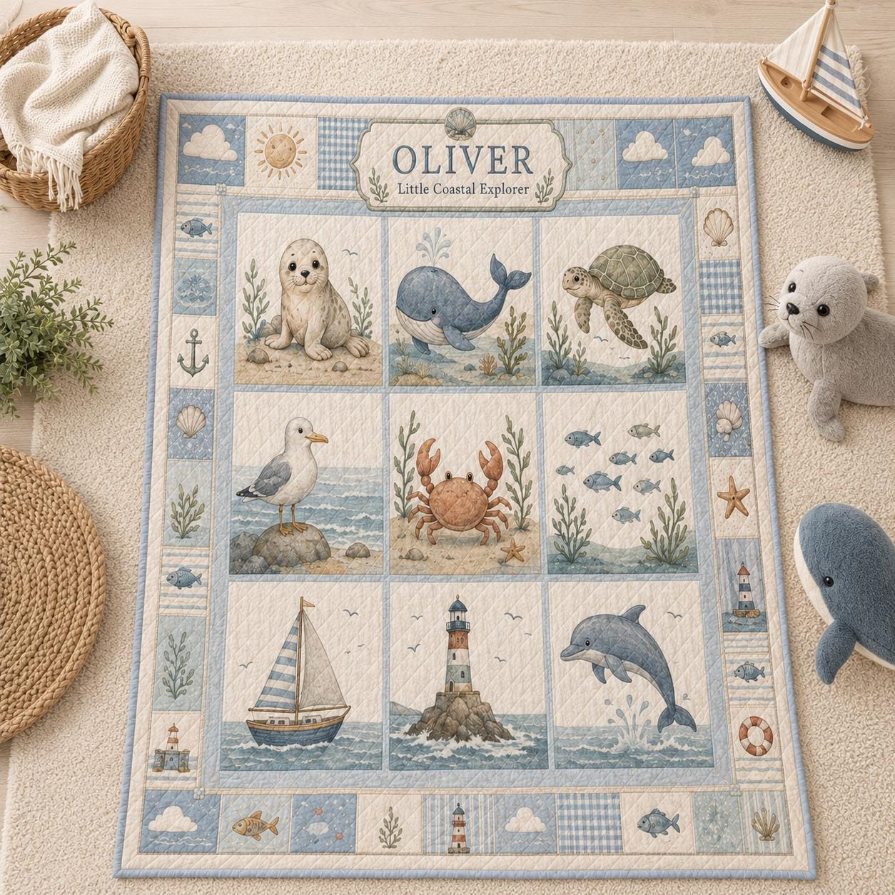 Personalized Coastal Animal Baby Quilt – Nautical Nursery Blanket and Whale Seal Turtle Baby Shower Gift - photo 2