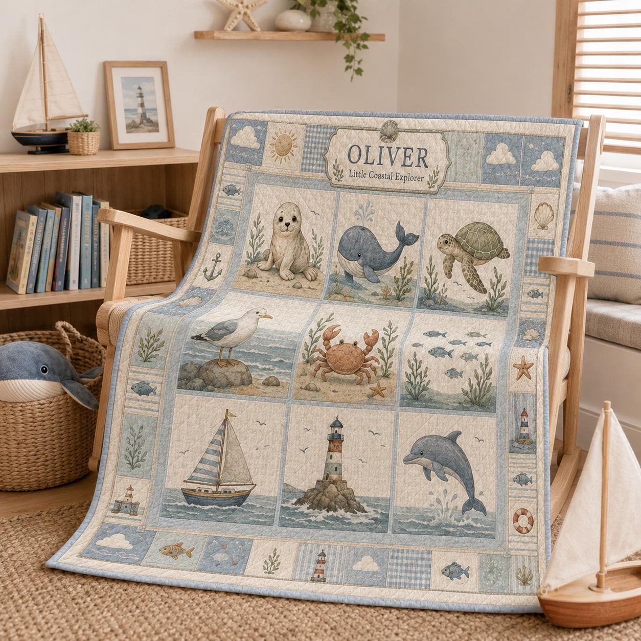 Personalized Coastal Animal Baby Quilt – Nautical Nursery Blanket and Whale Seal Turtle Baby Shower Gift - photo 3