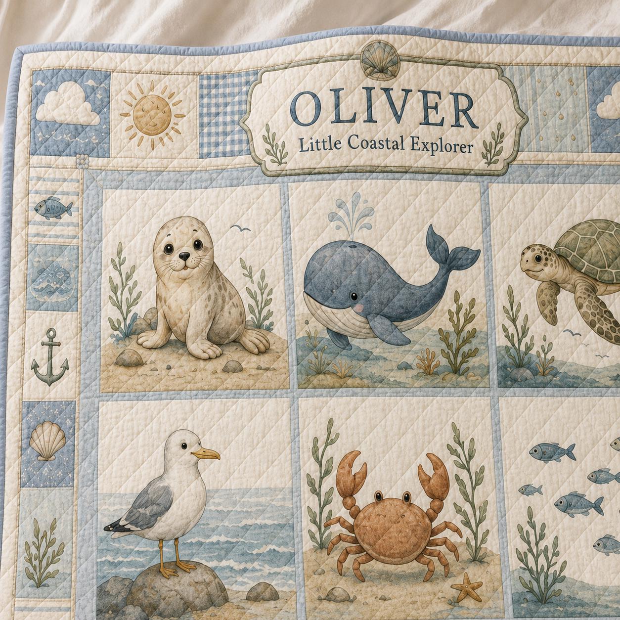 Personalized Coastal Animal Baby Quilt – Nautical Nursery Blanket and Whale Seal Turtle Baby Shower Gift - photo 5
