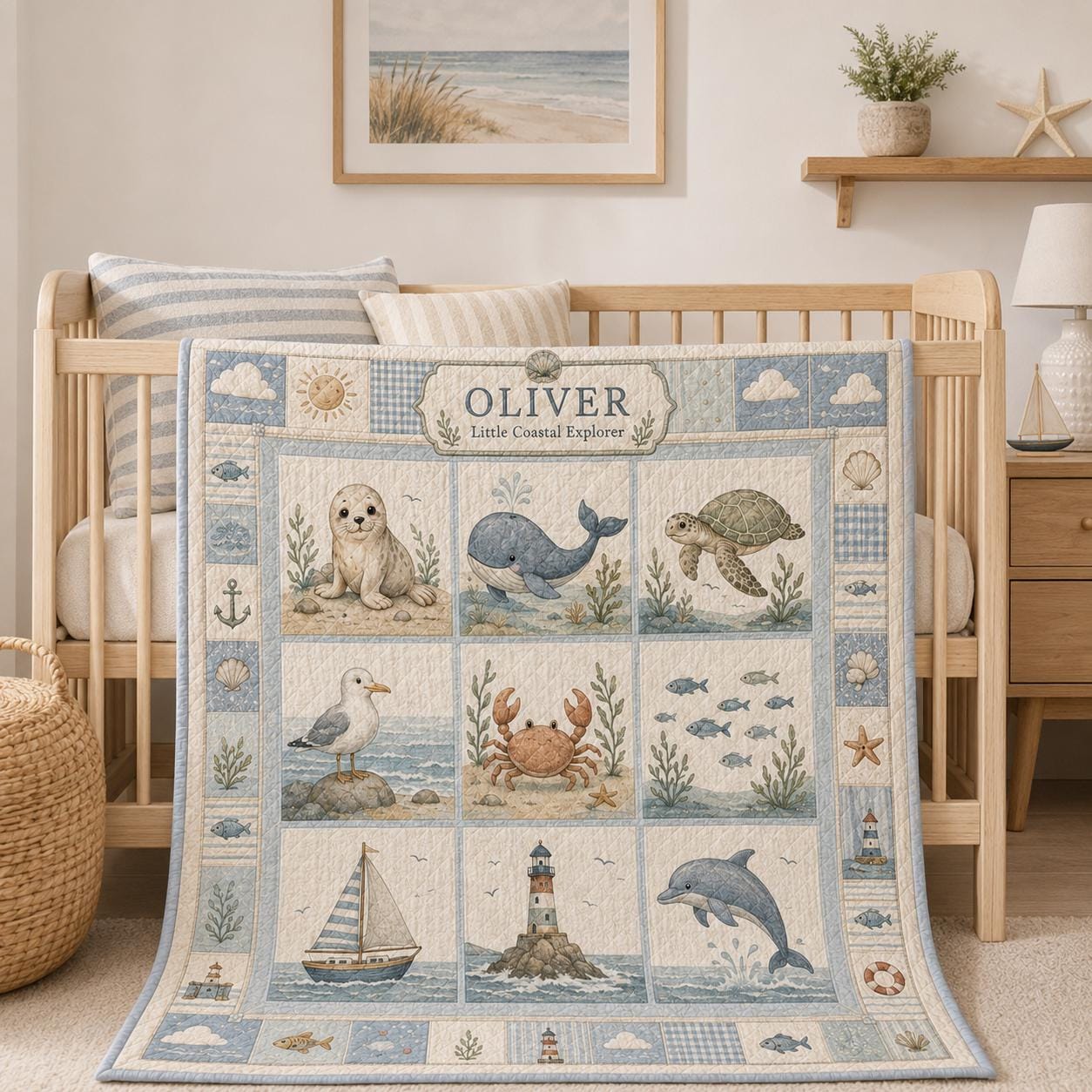 Personalized Coastal Animal Baby Quilt – Nautical Nursery Blanket and Whale Seal Turtle Baby Shower Gift - photo 6