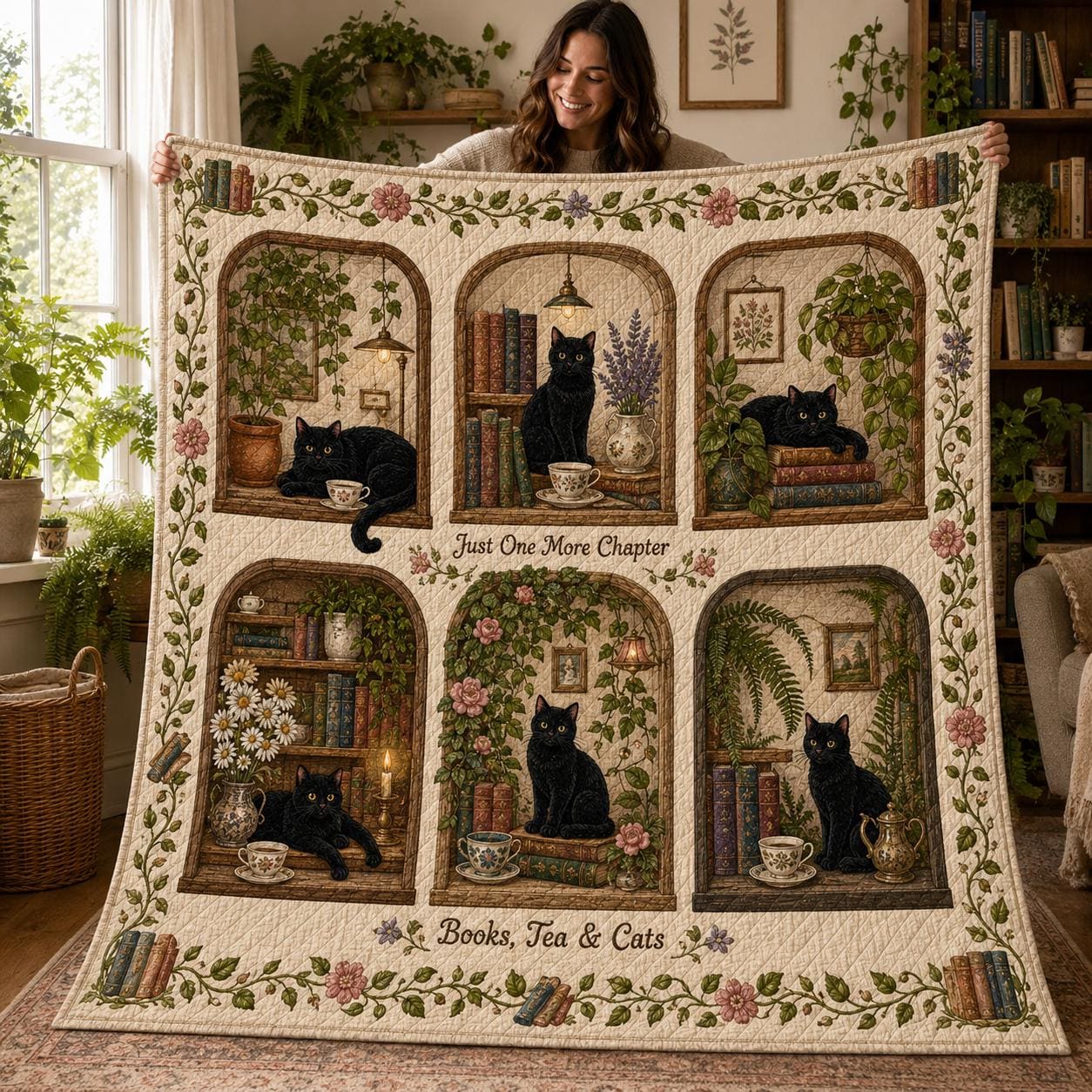 Botanical Black Cat Book Nook Quilted Style Blanket – Cottagecore Book Lover Throw and Books Tea Cats Floral Reading Decor - photo 1