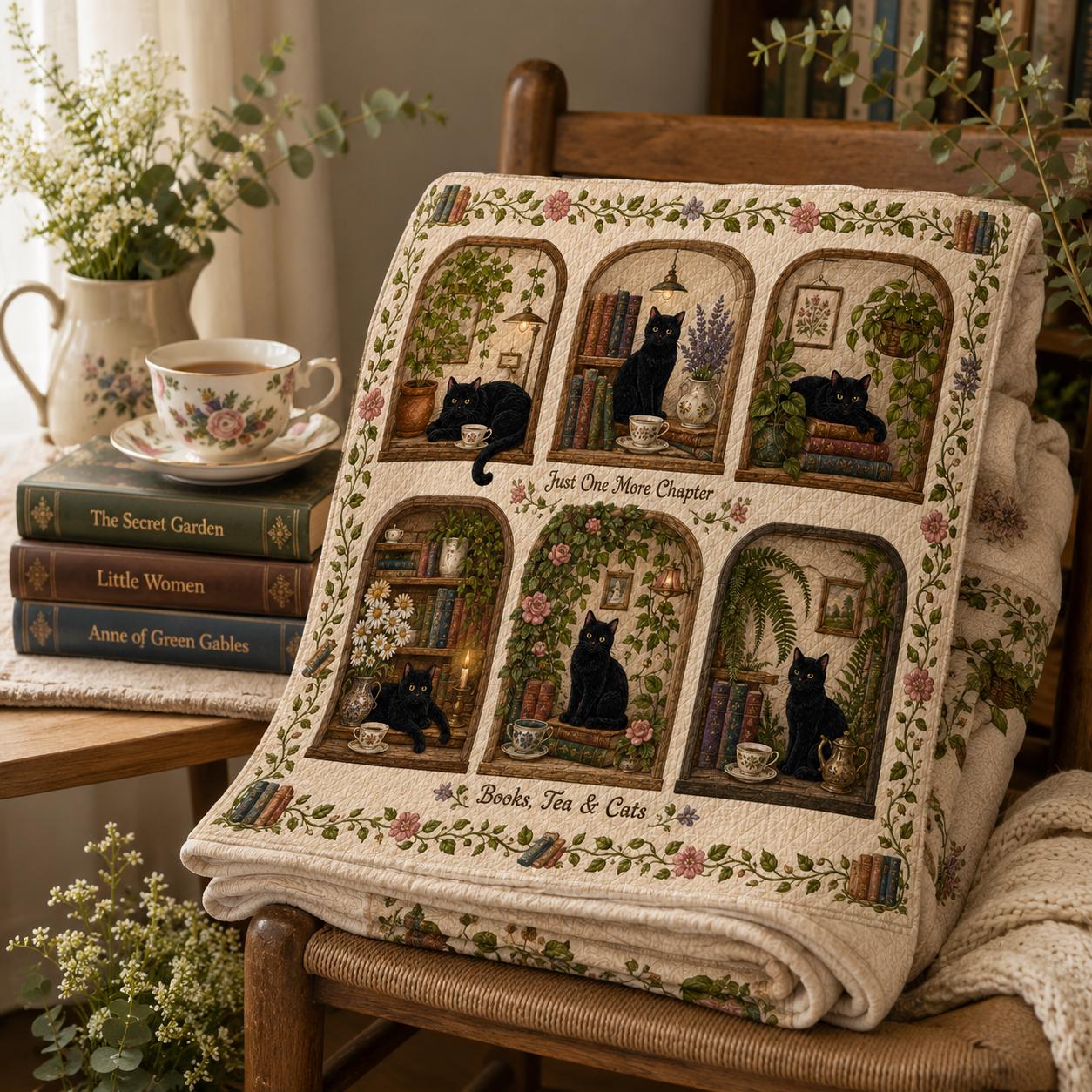 Botanical Black Cat Book Nook Quilted Style Blanket – Cottagecore Book Lover Throw and Books Tea Cats Floral Reading Decor - photo 3