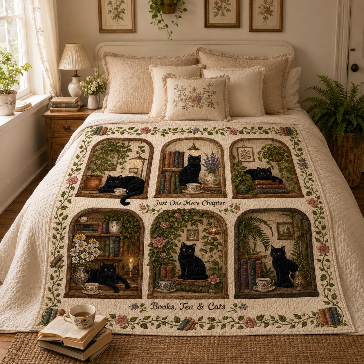 Botanical Black Cat Book Nook Quilted Style Blanket – Cottagecore Book Lover Throw and Books Tea Cats Floral Reading Decor - photo 4