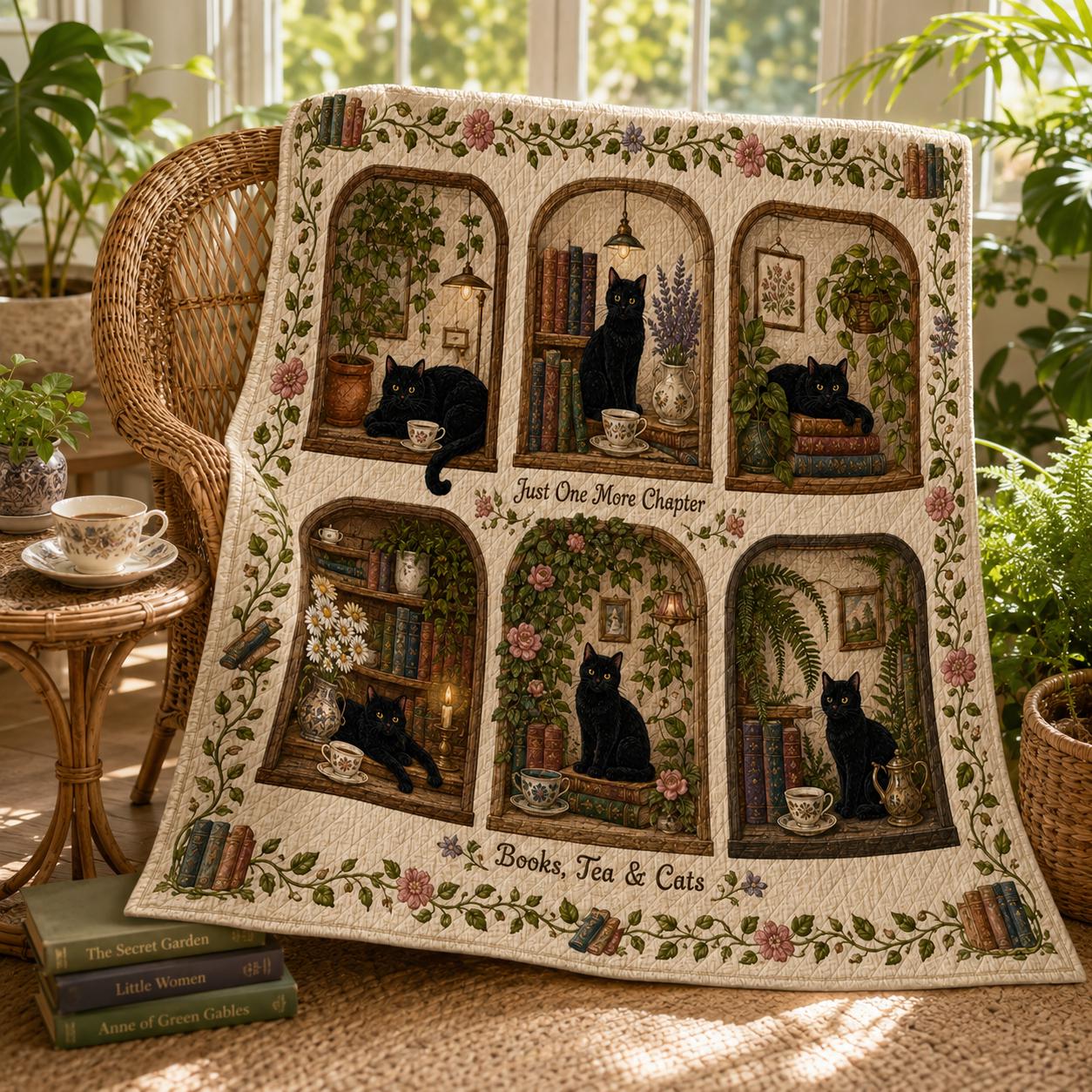 Botanical Black Cat Book Nook Quilted Style Blanket – Cottagecore Book Lover Throw and Books Tea Cats Floral Reading Decor - photo 5