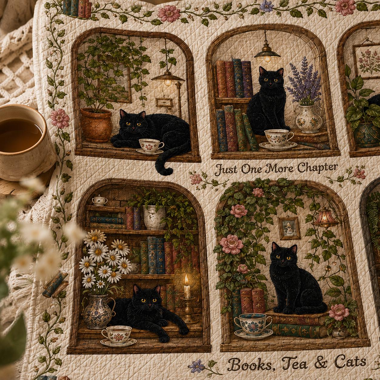 Botanical Black Cat Book Nook Quilted Style Blanket – Cottagecore Book Lover Throw and Books Tea Cats Floral Reading Decor - photo 6