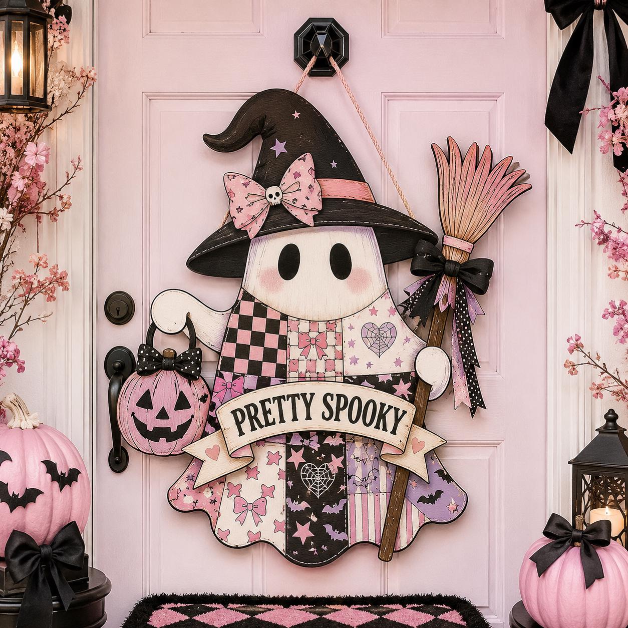 Personalized Pastel Goth Halloween Door Hanger and Porch Sign with Pink Patchwork, Wooden, Pretty Spooky Coquette Decor, Ghost - photo 2