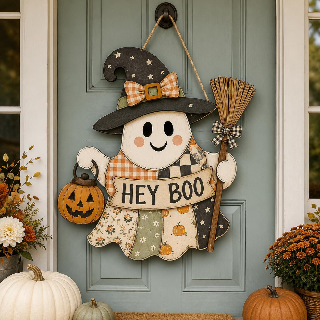 Personalized Pastel Goth Halloween Door Hanger and Porch Sign with Pink Patchwork, Wooden, Pretty Spooky Coquette Decor, Ghost - photo 4