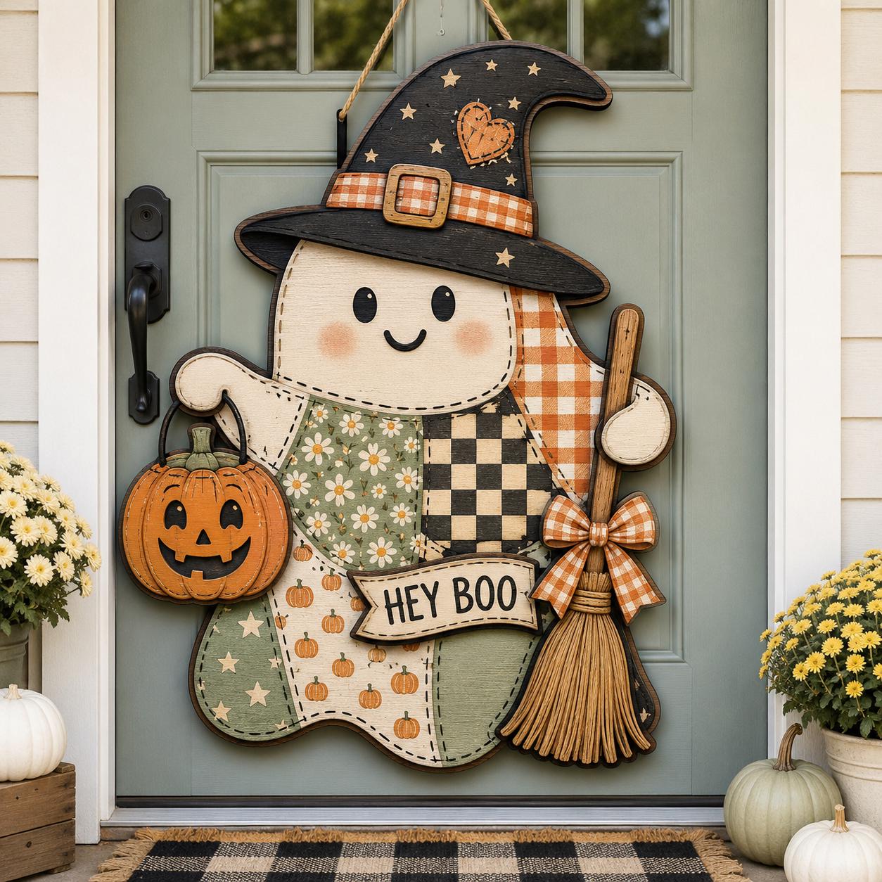 Personalized Pastel Goth Halloween Door Hanger and Porch Sign with Pink Patchwork, Wooden, Pretty Spooky Coquette Decor, Ghost - photo 5