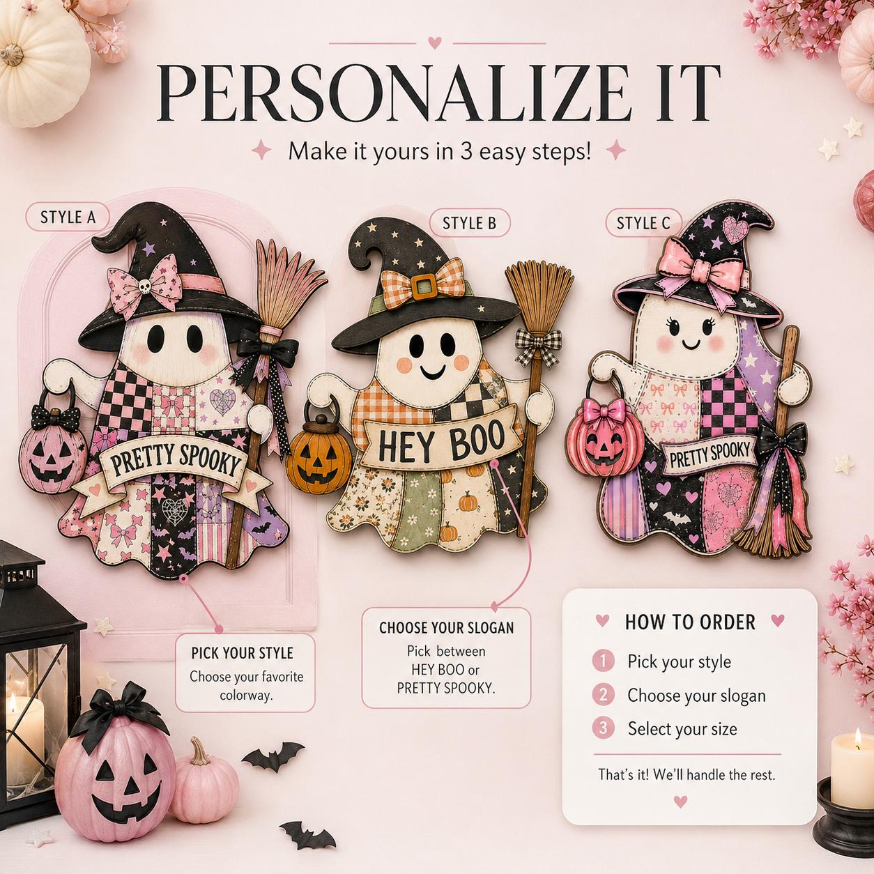 Personalized Pastel Goth Halloween Door Hanger and Porch Sign with Pink Patchwork, Wooden, Pretty Spooky Coquette Decor, Ghost - photo 8