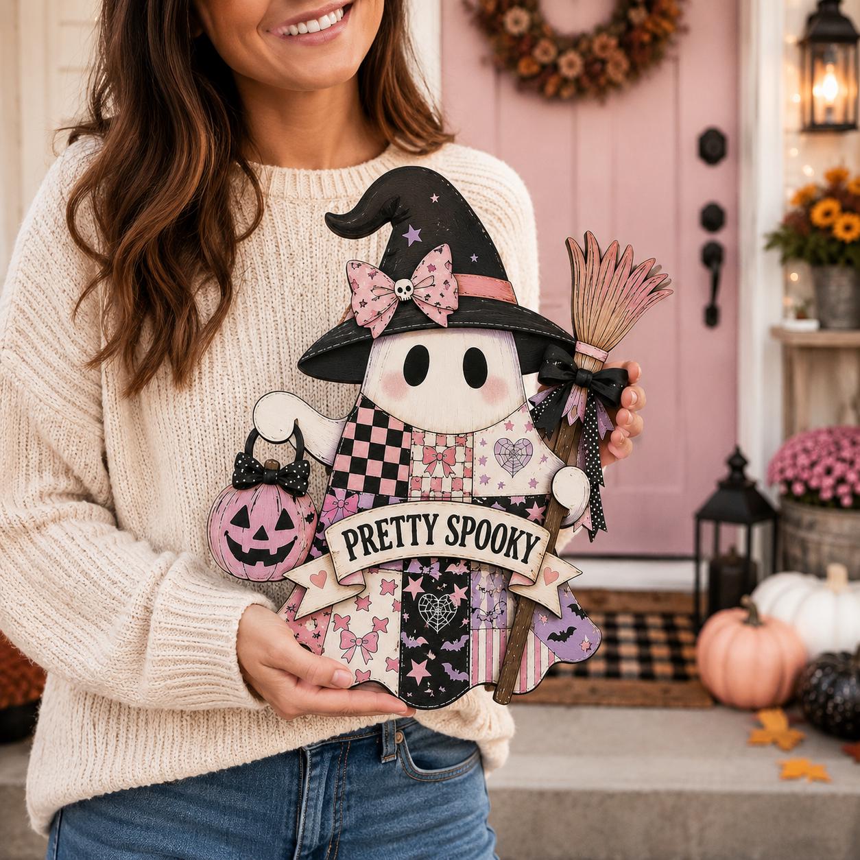 Personalized Pastel Goth Halloween Door Hanger and Porch Sign with Pink Patchwork, Wooden, Pretty Spooky Coquette Decor, Ghost - photo 9