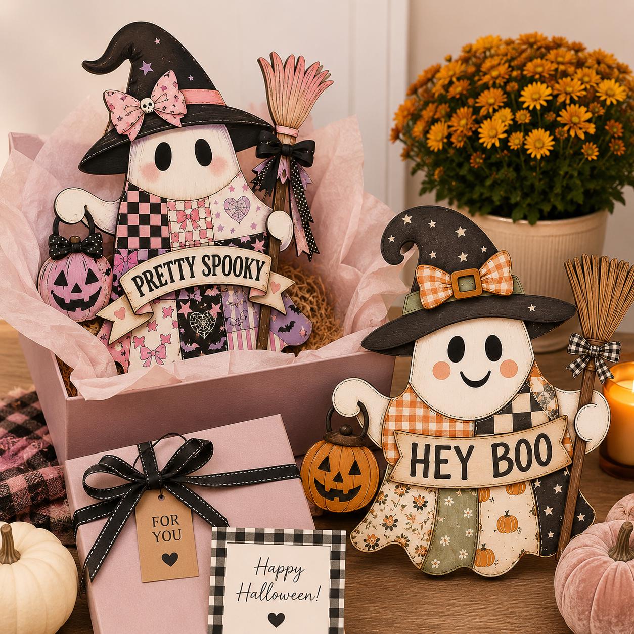Personalized Pastel Goth Halloween Door Hanger and Porch Sign with Pink Patchwork, Wooden, Pretty Spooky Coquette Decor, Ghost - photo 11