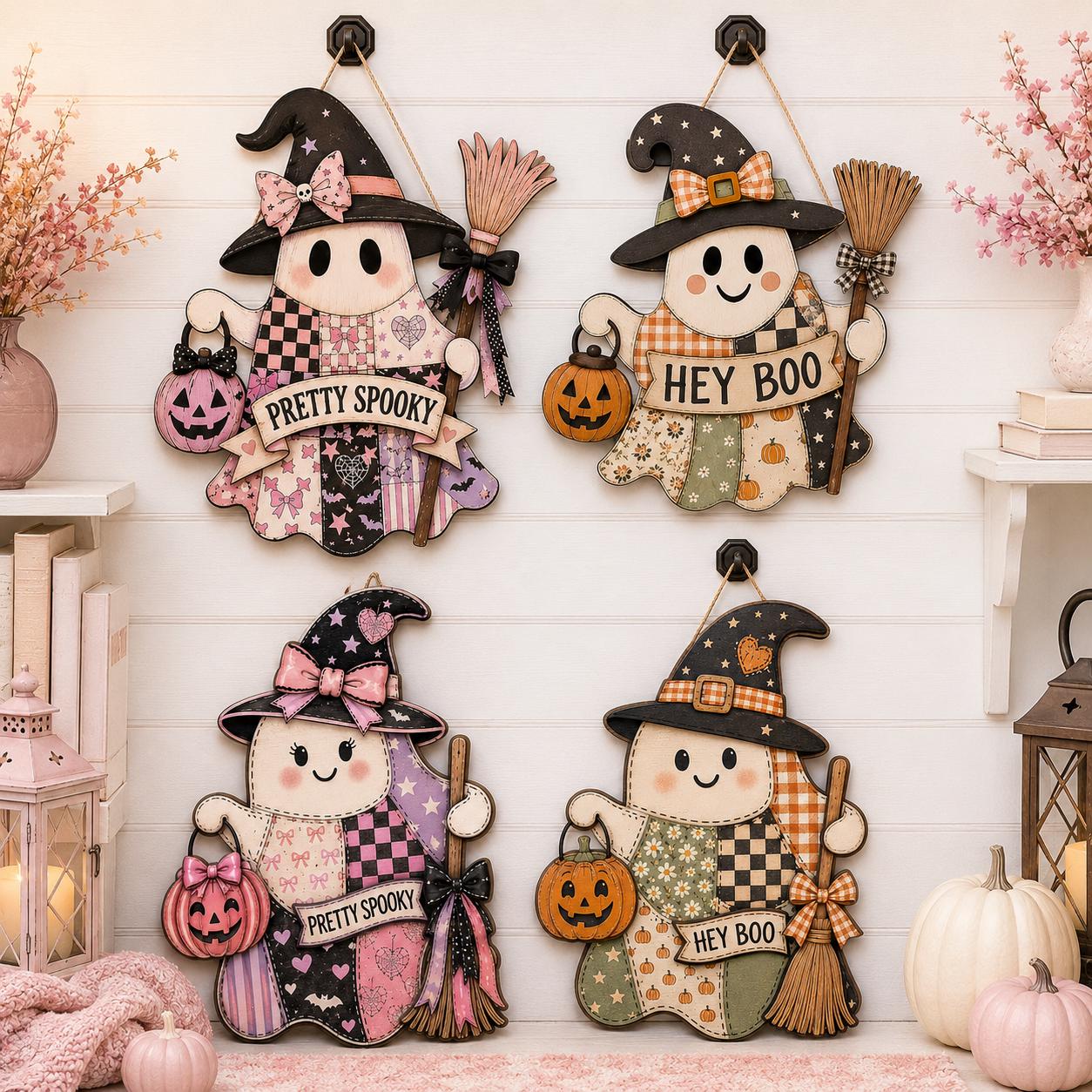 Personalized Pastel Goth Halloween Door Hanger and Porch Sign with Pink Patchwork, Wooden, Pretty Spooky Coquette Decor, Ghost - photo 12