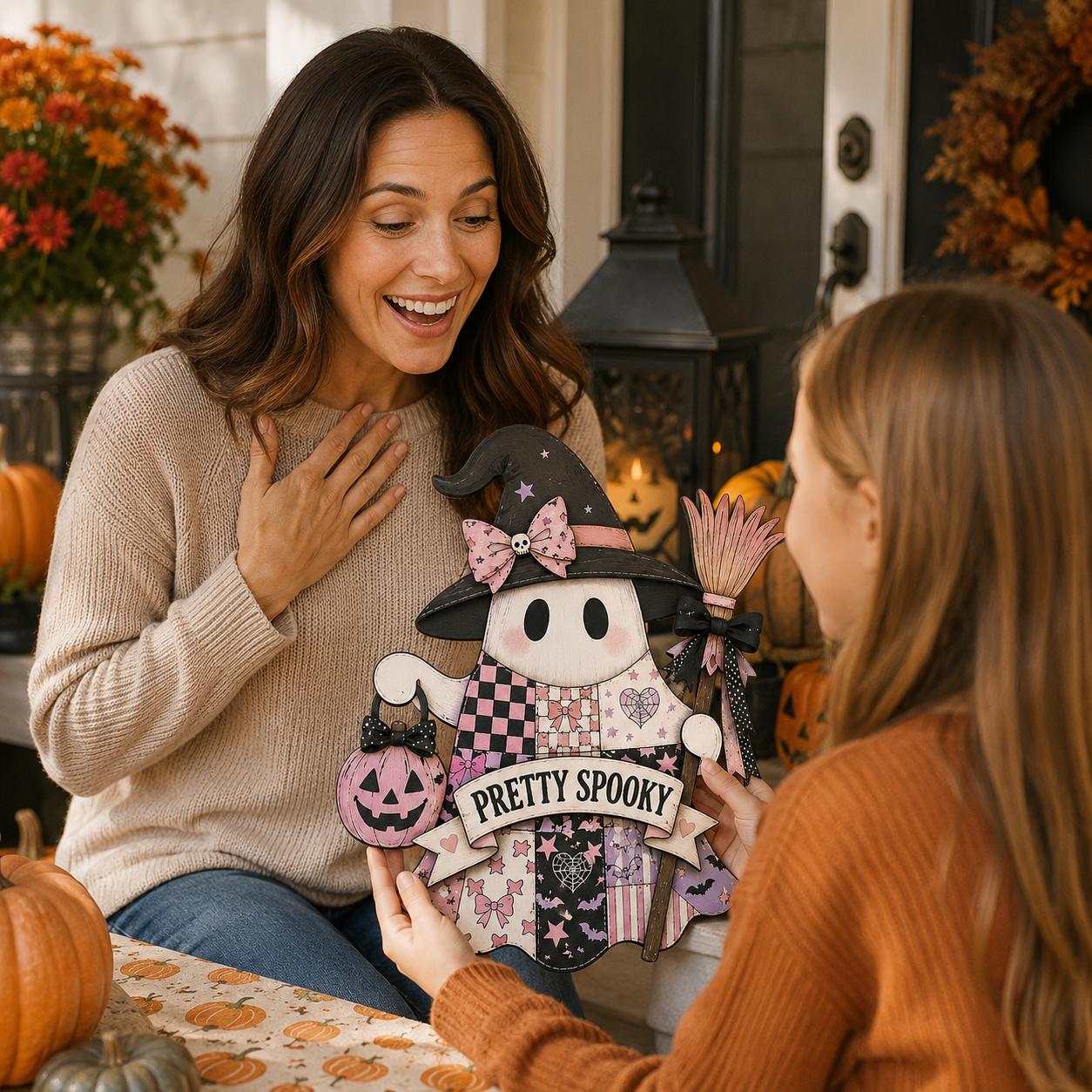 Personalized Pastel Goth Halloween Door Hanger and Porch Sign with Pink Patchwork, Wooden, Pretty Spooky Coquette Decor, Ghost - photo 14