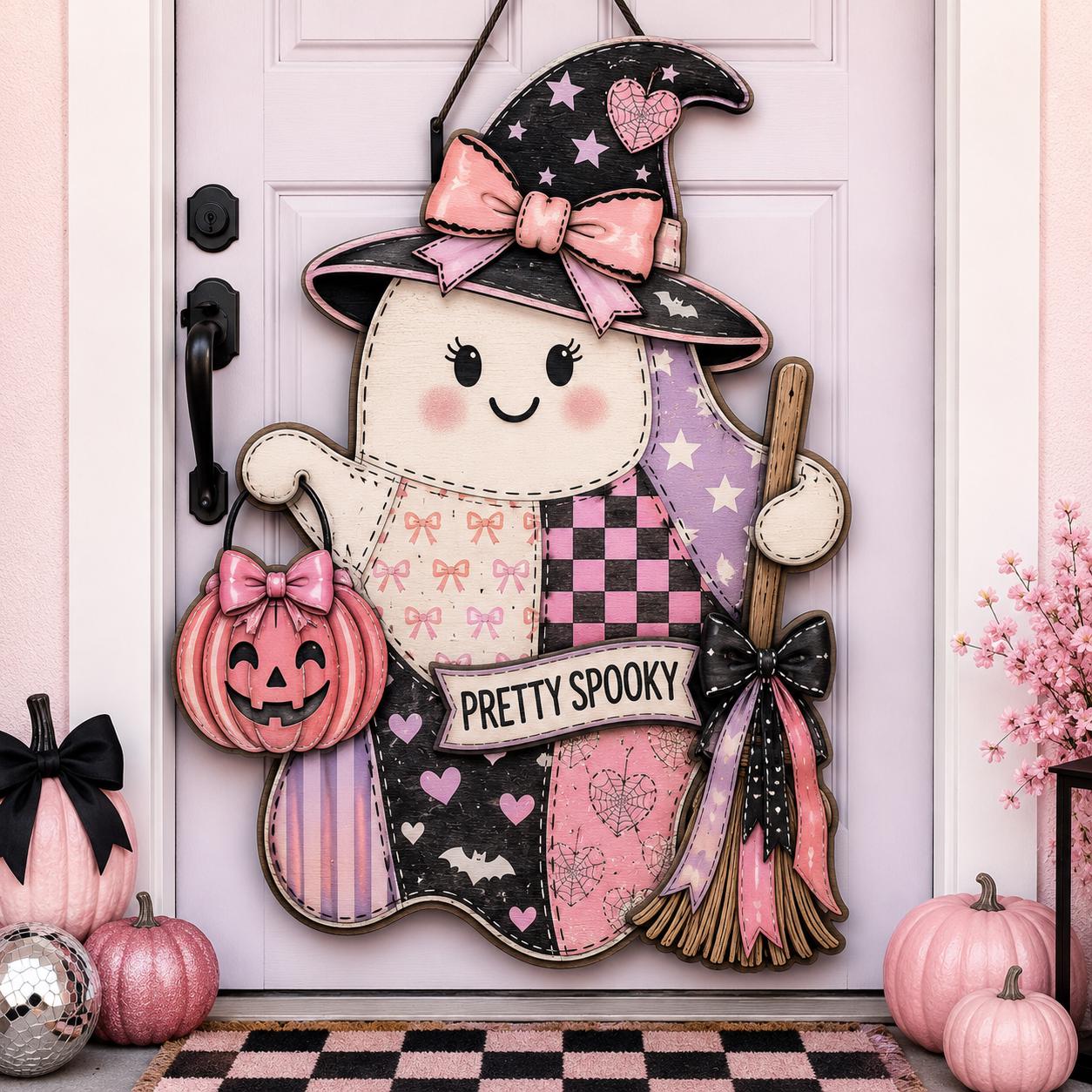 Personalized Pretty Spooky Wooden Door Sign and Hanger with Pink Ghost, Halloween Decor, Pastel Goth Patchwork, Witch Decoration